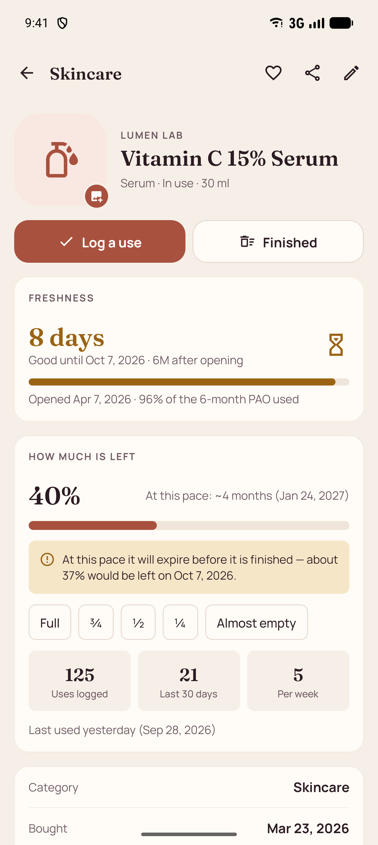 Product screen: Freshness, amount left and usage