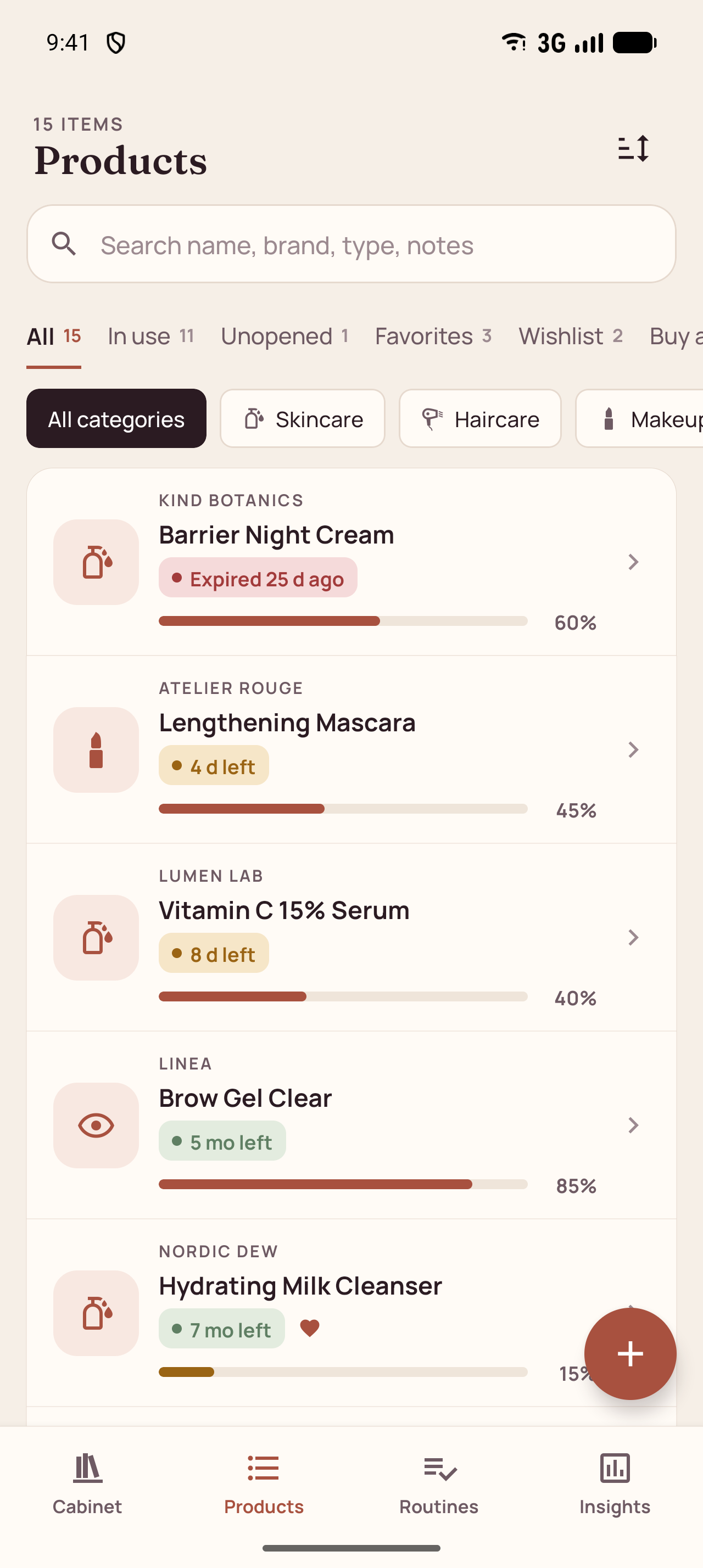 Collection screen: Lists, categories, search and sorting