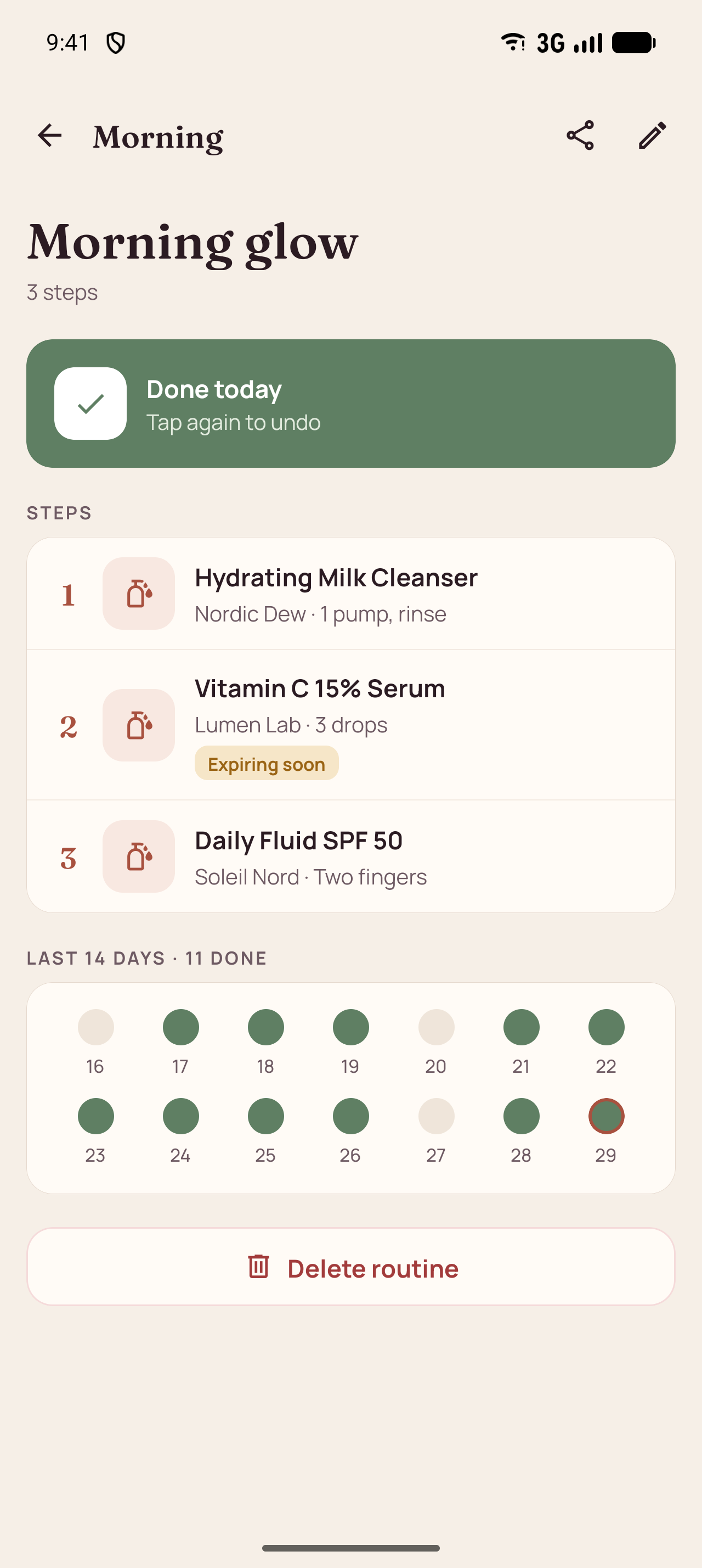 Routine screen: Steps and a 14-day history